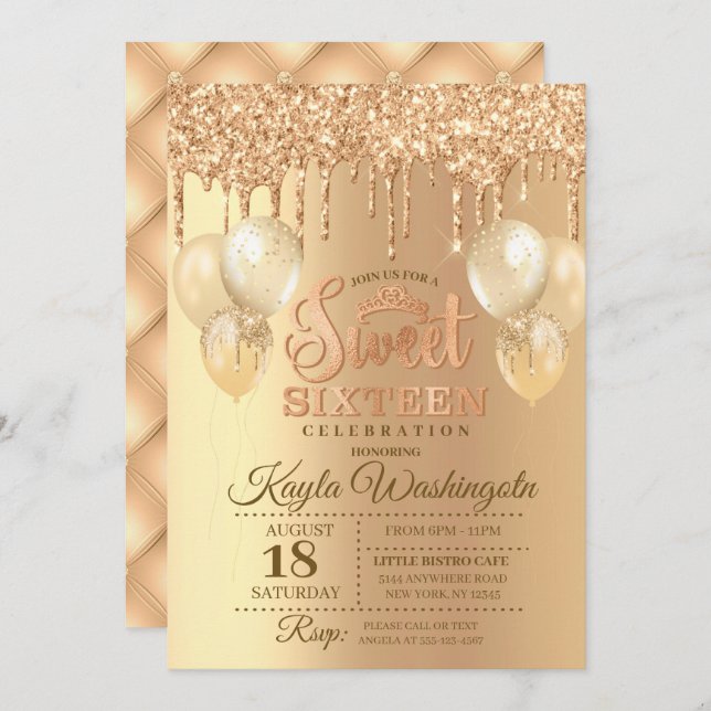 Champagne Glitzer Tropfen 16 . Geburtstag Geburtst Einladung (Vorne/Hinten)