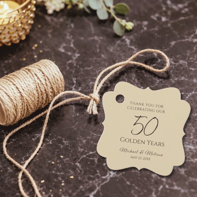 Champagne Gold 50th Anniversary Favor Tag Geschenkanhänger (Champagne gold scalloped favor tag with rustic twine detail)
