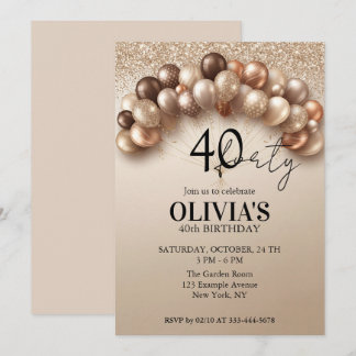 Champagne-Gold-Balloons Glitter 40. Geburtstag Einladung
