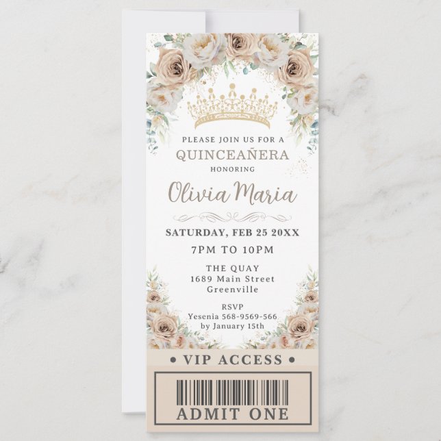 Champagne Gold Beige Floral Quinceñera VIP Ticket Einladung (Vorderseite)