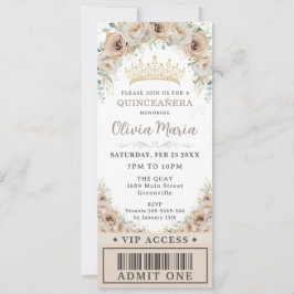 Champagne Gold Beige Floral Quinceñera VIP Ticket Einladung