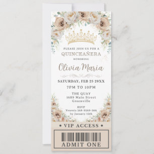Champagne Gold Beige Floral Quinceñera VIP Ticket Einladung