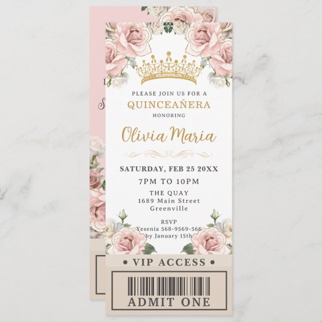 Champagne Gold Blush Floral Quinceñera VIP Ticket Einladung (Vorne/Hinten)