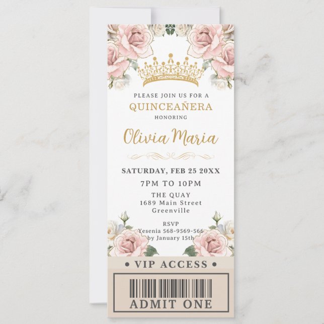 Champagne Gold Blush Floral Quinceñera VIP Ticket Einladung (Vorderseite)