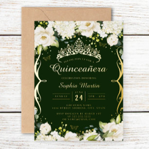 Champagne Gold Emerald Floral Scroll Quinceanera Folieneinladung