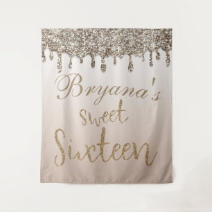 Champagne-Gold-Glitter-Drip-Glam-Sweet-16-Kulisse Wandteppich