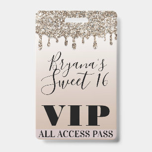 Champagne Gold Glitzer Tropfen Glam Sweet 16 VIP P Ausweis