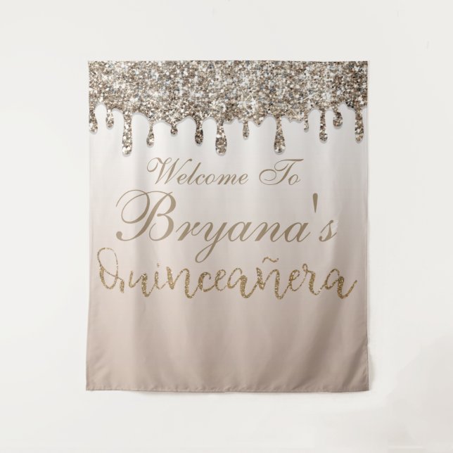 Champagne Gold Glitzer Tropfen Quinceañera Hinterg Wandteppich (Vorderseite)