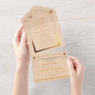 Champagne-Gold-Himmels-Sonne-Mond-Sterne-Hochzeit All In One Einladung
