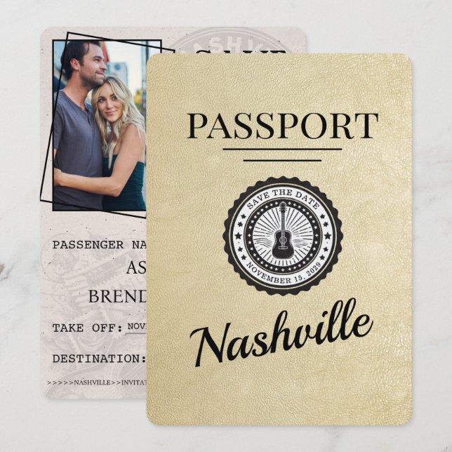Champagne Gold Nashville Passport Save the Date (Vorne/Hinten)