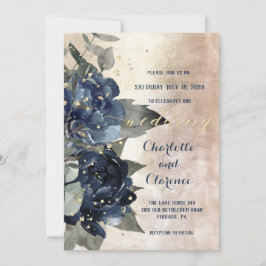 Champagne Gold Navy Peony Eucalyptus Wedding Einladung