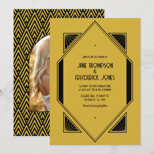 Champagne-Gold & Noir Art Deco Hochzeitsfoto Einladung
