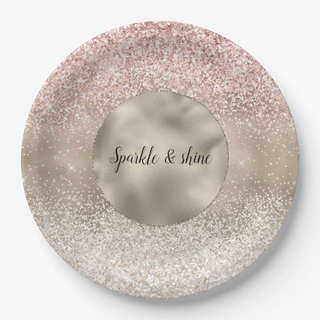 Champagne Gold Pink White Glitzy Glitzer Pappteller (Vorderseite)
