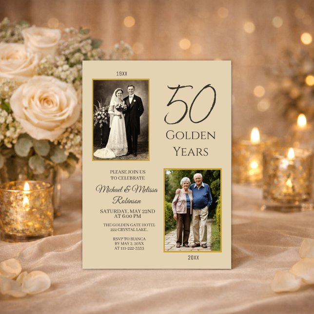Champagne Gold Then and Now 50th Anniversary Einladung (Then and now 50th anniversary invitation with romantic candlelight celebration theme)