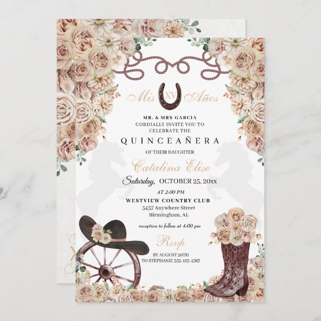 Champagne Gold Western Charro Boots Quinceanera Einladung (Vorne/Hinten)