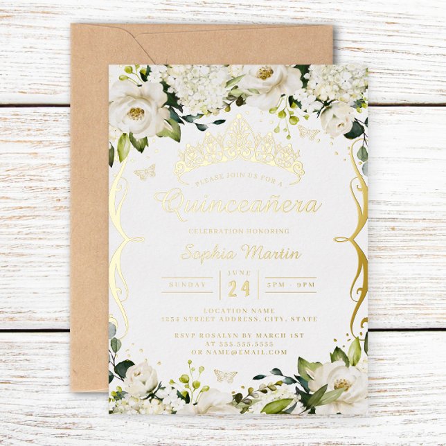 Champagne Gold White Floral Scroll Quinceanera Folieneinladung (Von Creator hochgeladen)