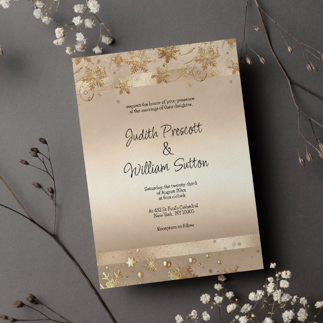 Champagne Golden Snowflakes Luxury Wedding  Einladung (Champagne Golden Snowflakes Luxury Wedding)
