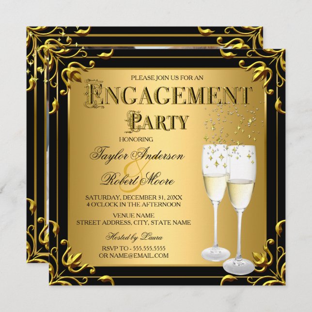 Champagne Imitate Gold Black Engagement Party Foto Einladung (Vorne/Hinten)