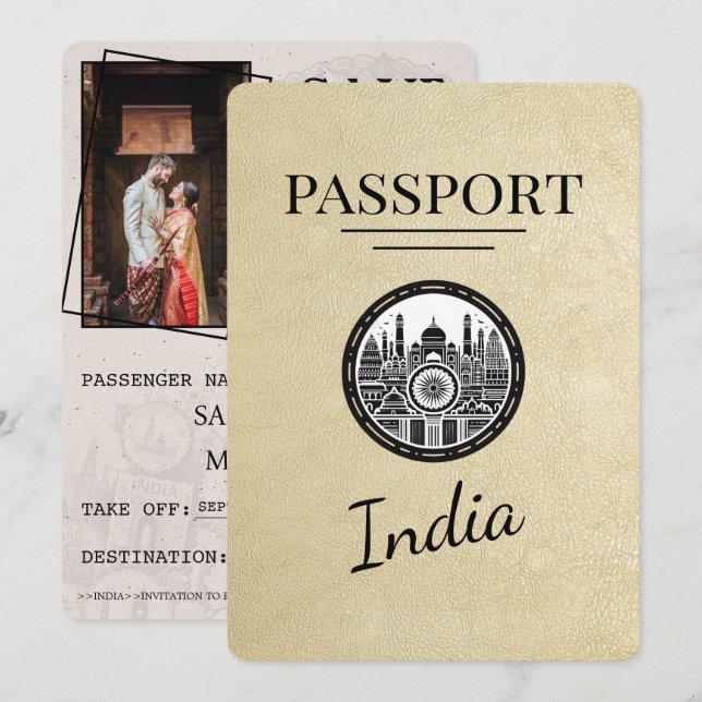Champagne India Passport Save the Date (Vorne/Hinten)