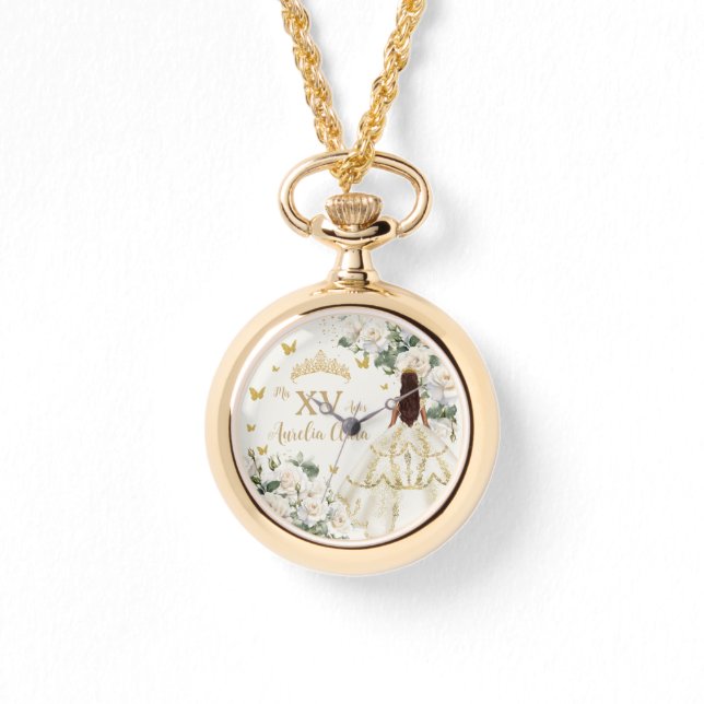 Champagne Ivory Bloral Princess Dress Quinceañera Armbanduhr (Vorderseite)