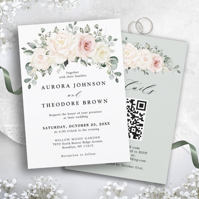 Champagne Ivory Blush Blumengrün QR Hochzeit Einladung (Ivory White blush pink floral greenery botanical wedding invitation with QR code RSVP on back)