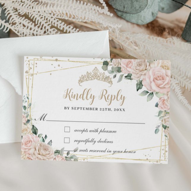 Champagne Ivory Blush Floral Quinceñera Sweet 16 RSVP Karte (Von Creator hochgeladen)