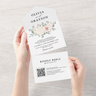 Champagne Ivory Blush Pink Floral QR Code Hochzeit All In One Einladung
