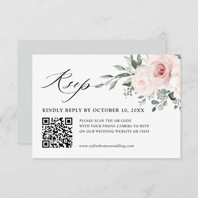 Champagne Ivory Blush Pink Floral Wedding QR Code RSVP Karte (Vorne/Hinten)