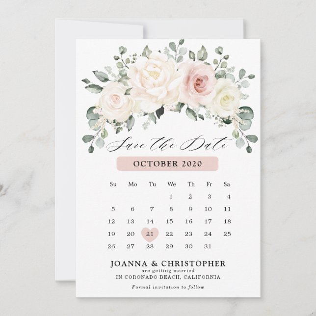 Champagne Ivory Blush Pink Pastel Blumenkalender Save The Date (Vorderseite)