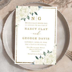 Champagne Ivory Floral Frame Monogram Wedding Einladung