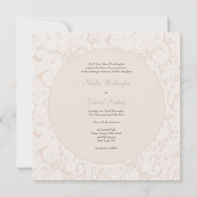 Champagne Ivory Lace Monogram Wedite Einladung (Vorderseite)