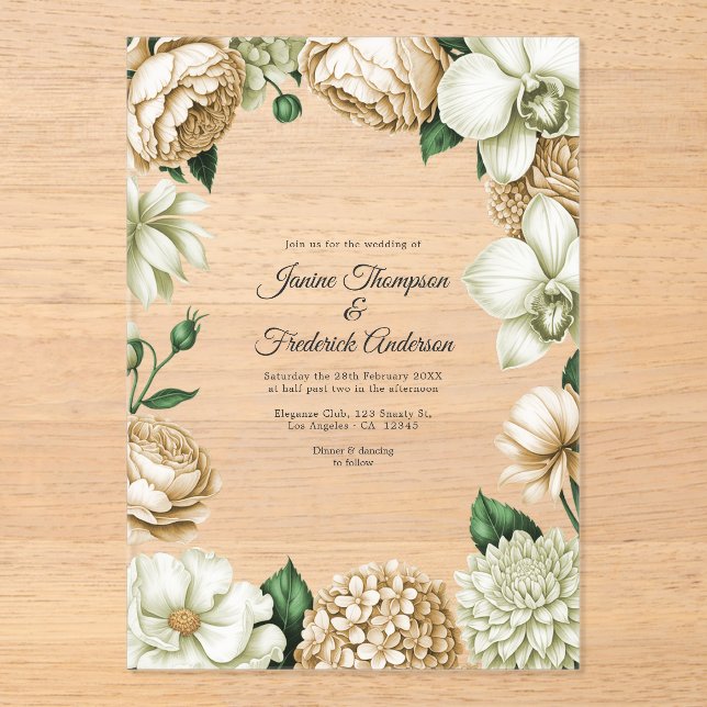 Champagne & Ivory Modern Botanical Wedding Acryleinladungen (Vorderseite)