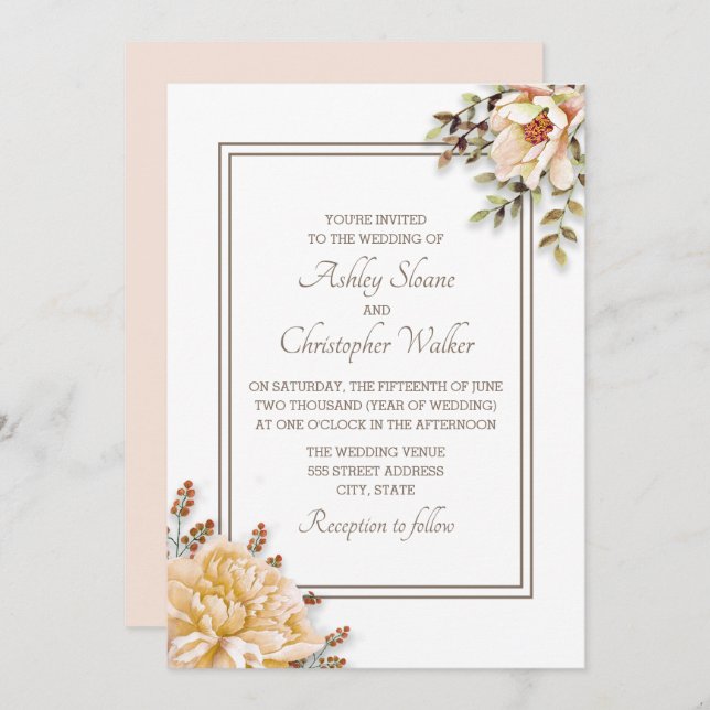 Champagne Ivory White Floral Wedding Einladung (Vorne/Hinten)