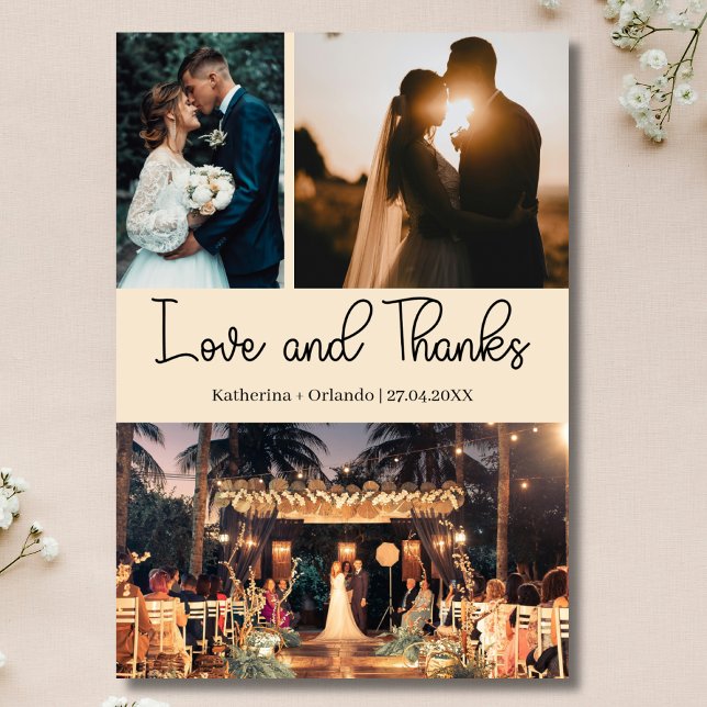 Champagne Love & Thanks Three Photo Wedding Karte (Von Creator hochgeladen)