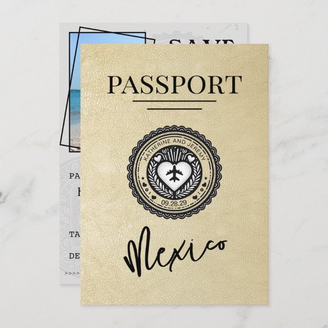 Champagne Mexico Passport Save the Date (Vorne/Hinten)