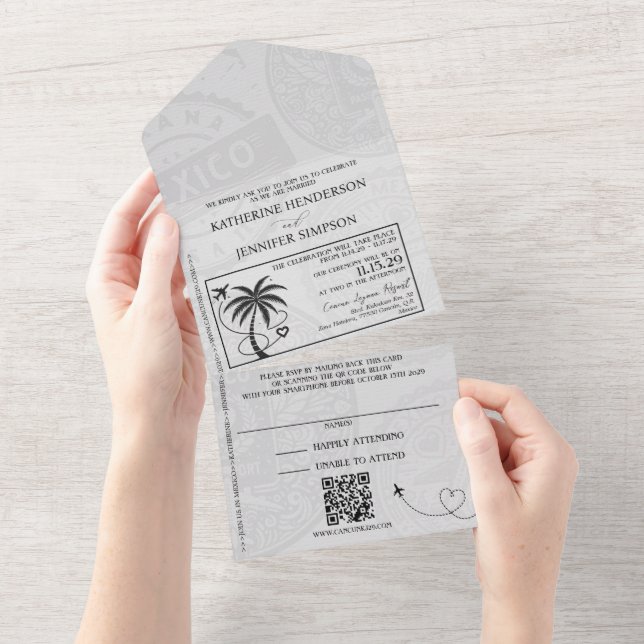Champagne Mexico Passport Wedding All In One Einladung (Abreißen)