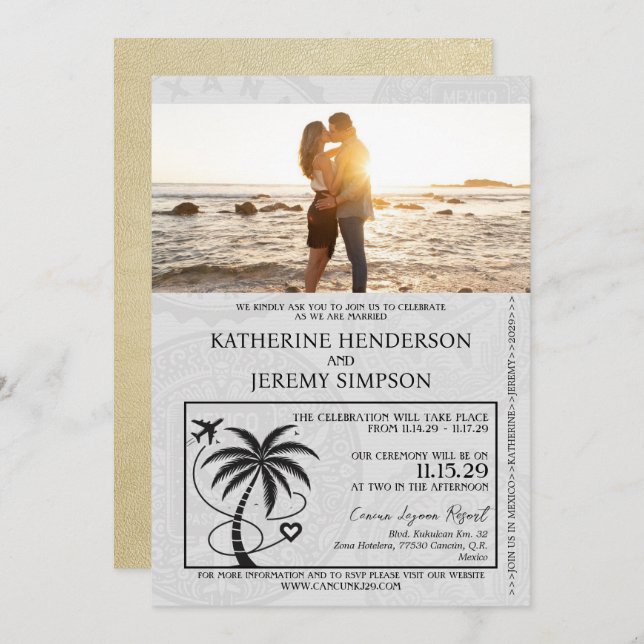 Champagne Mexico Passport Wedding Einladung (Vorne/Hinten)