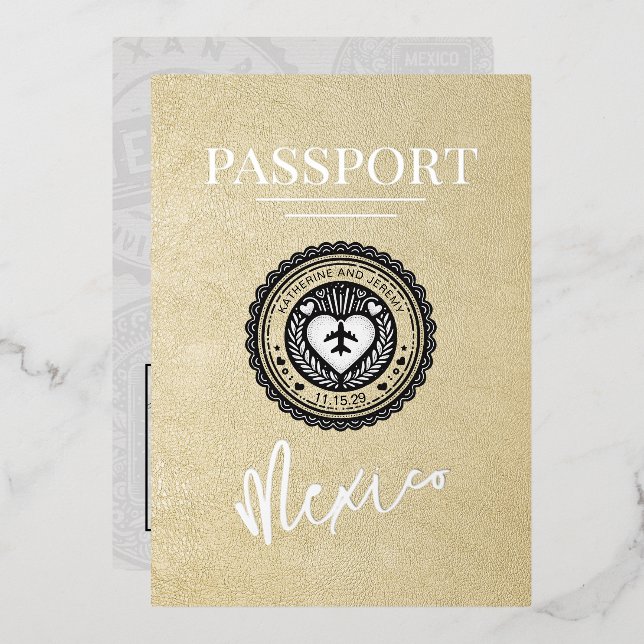 Champagne Mexico Passport Wedding Folieneinladung (Vorderseite/Rückseite)