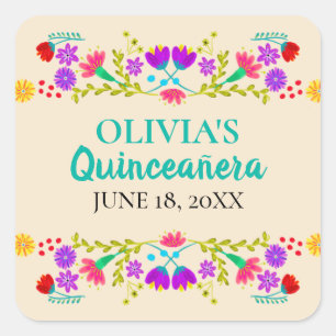 Champagne Mis Quince Anos Mexican Fiesta Blume Quadratischer Aufkleber