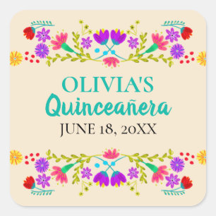 Champagne Mis Quince Anos Mexican Fiesta Blumen Quadratischer Aufkleber