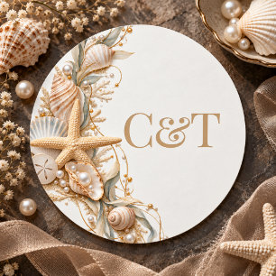 Champagne-Muschel-Küstenhochzeitsmonogramm Runder Aufkleber