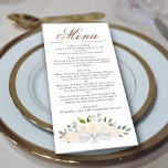 Champagne Peach Wassercolor Floral Elegante Hochze Menükarte<br><div class="desc">Dieses wunderschöne Hochzeitsmenü besticht durch ein rustikales boho-elegantes Design mit einem Kalligraphietitel und handgemalten Aquarellfarben-Rose, Blüten und Grünpflanzen in blassfarbenen Pfirsichtönen oder Champagnerrot. Der Text ist vollständig anpassbar mit Platz für den Namen und das Hochzeitstag des Paares auf der Rückseite. Elegant, stilvoll und schick, ist diese Karte eine großartige Möglichkeit,...</div>