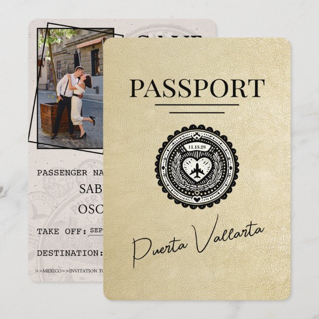 Champagne Puerta Vallarta Passport Save the Date (Vorne/Hinten)