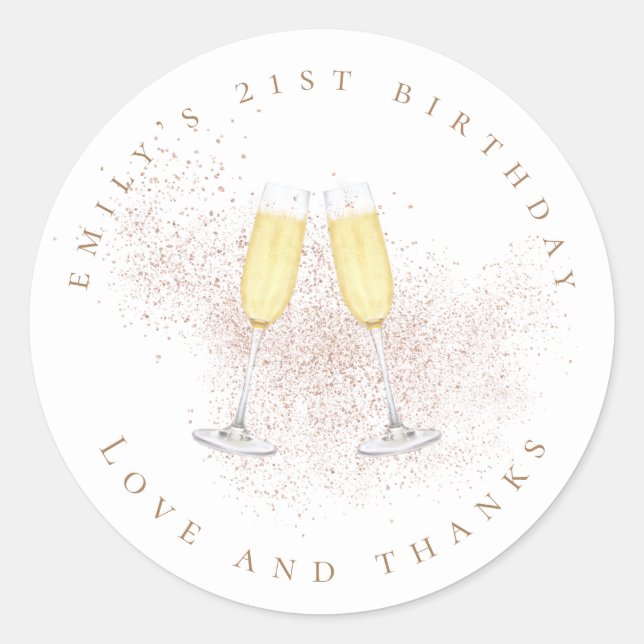 Champagne Rose Gold Glitzer 21. Geburtstag Runder Aufkleber (Vorderseite)