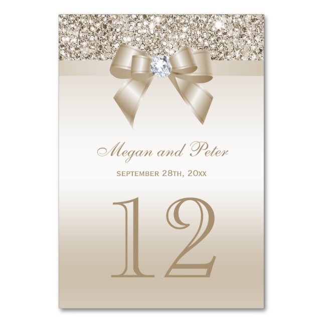 Champagne Sequins Bow Wedding Tischnummer Cards (Vorderseite)