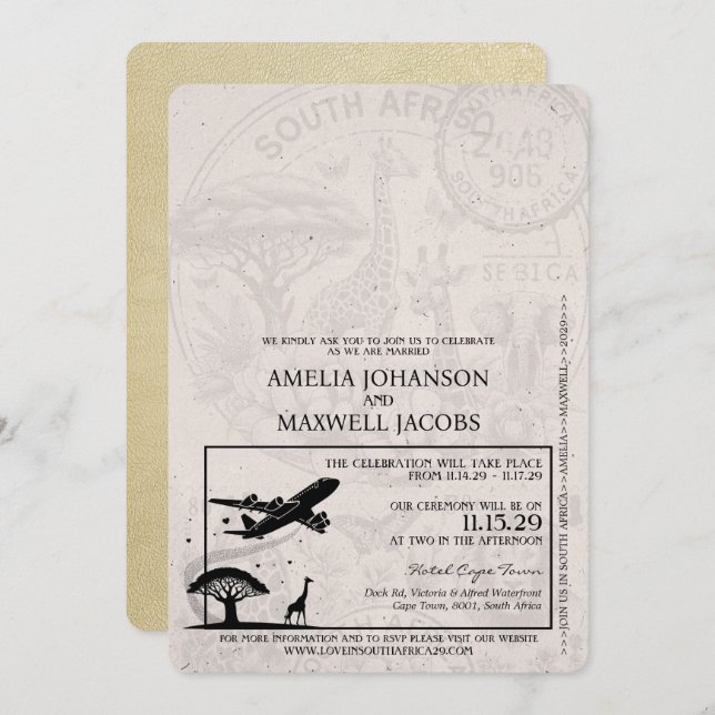 Champagne South Africa Passport Wedding Einladung (Vorne/Hinten)