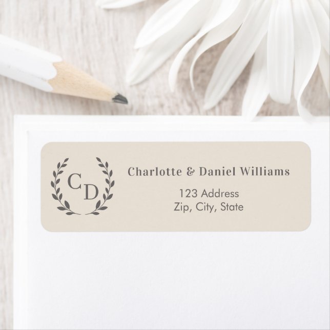 Champagne taupe monogrammed wreath return address (Insitu)