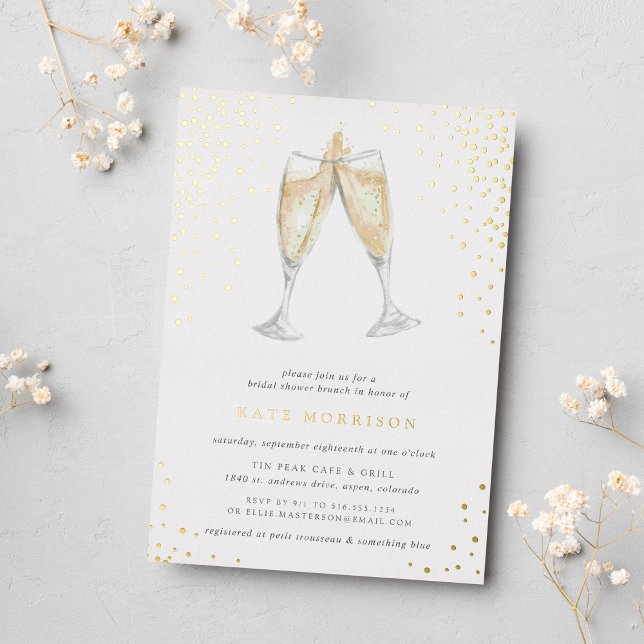 Champagne Toast | Brautparty Brunch Folieneinladung (Champagne themed bridal shower invitation on smooth white paper with gold foil accents)