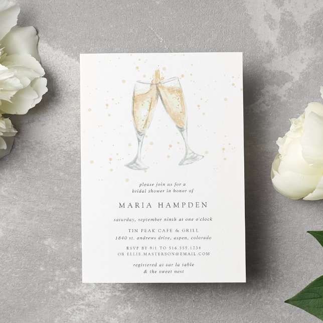Champagne Toast | Einladung zur Brautdusche (Champagne themed bridal shower invitation printed on matte white paper)