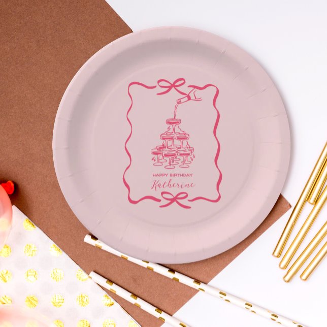 Champagne Tower Pink Hand Drawn Birthday Party Pappteller (Von Creator hochgeladen)